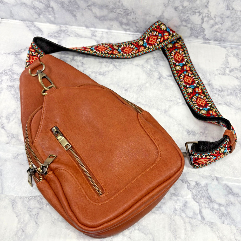 Antik Kraft Cognac Sling Bag Crossbody Thick Colorful Strap Vegan Leather Purse
